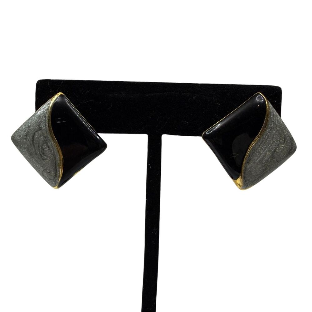 Vintage 80s 90s Black Gray Gold Tone Enamel Square Post Statement Earrings 1"